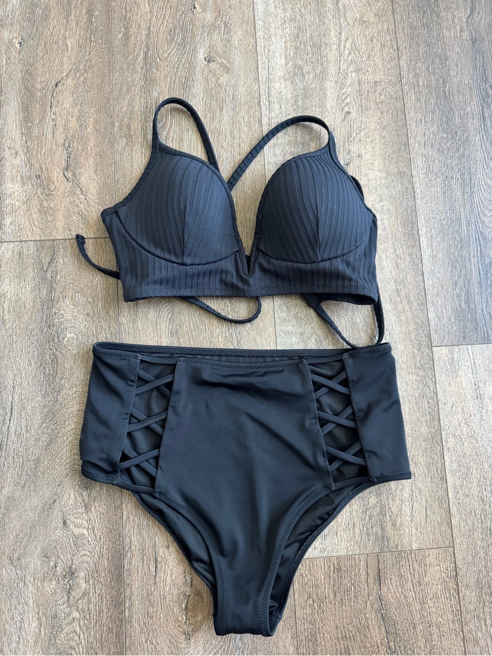 Shade & Shore Black High-Waist Strappy Bikini Set